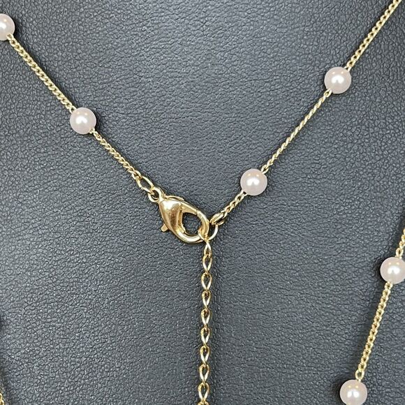 Plunder Design Brand Long Crystal & Faux Pearl Dangle Charm Station Necklace - Picture 4 of 6